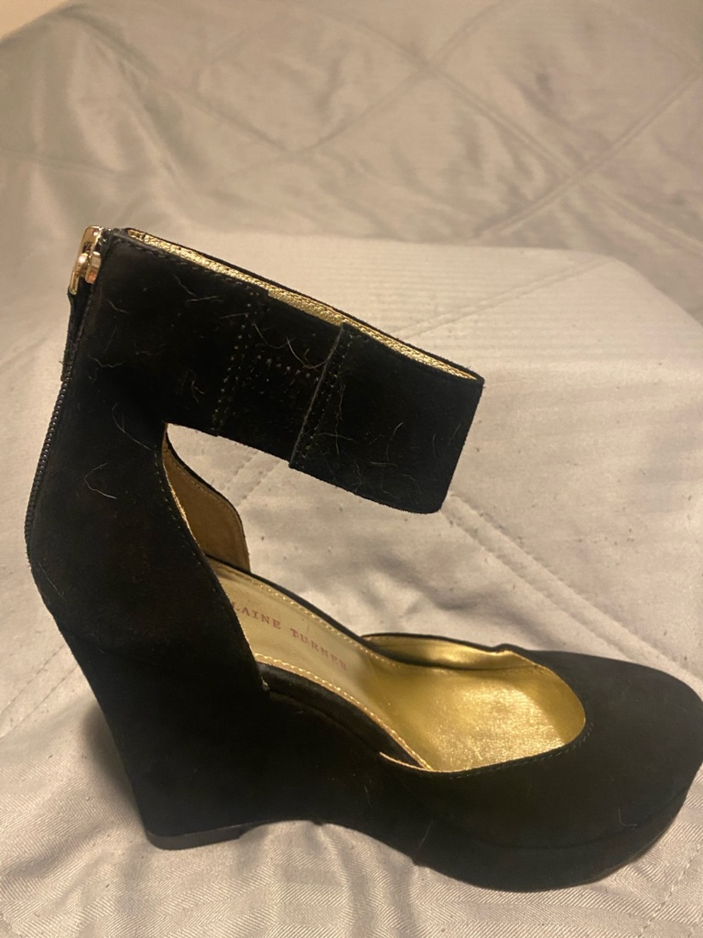 Elaine Turner Black Suede Wedge Ankle-Strap Heels Ladies Size 7 - Picture 4 of 6